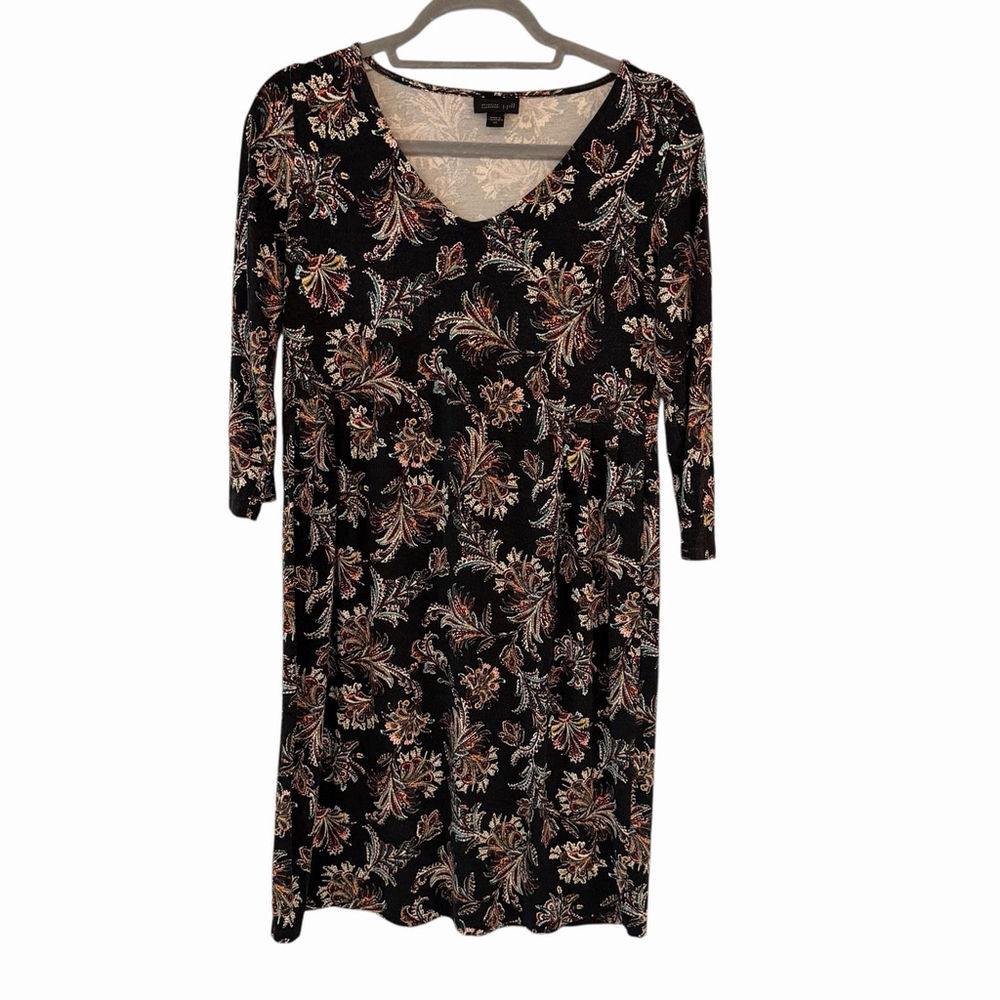 J.Jill Wherever Collection Black‎ Paisley Print Knit Dress 3/4 Sleeve Size XS